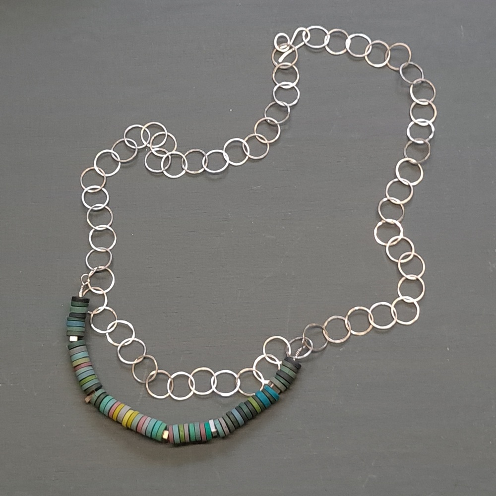 Tiny Disc Necklace with Hammered Sterling Silver Circle Chain in shades of Blue Grey Green