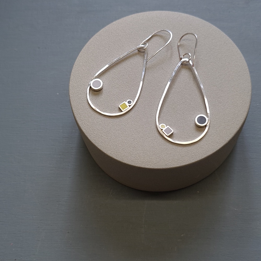 Large Inside Dot Dangly Teardrop Hoop Earrings with Circle and Square Dots in Black, Yellow and Grey