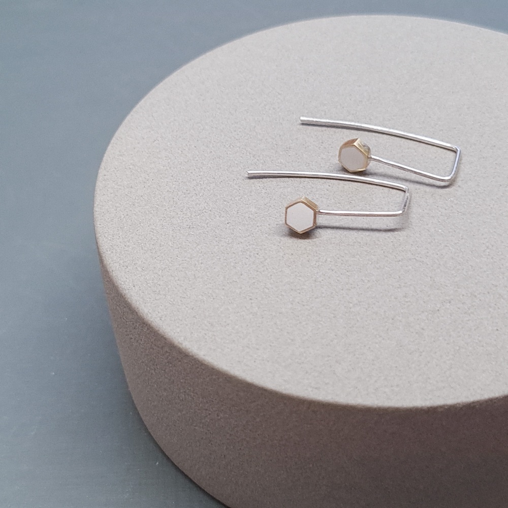 Contemporary Dot Earrings - Silver and Brass White Hexagon 