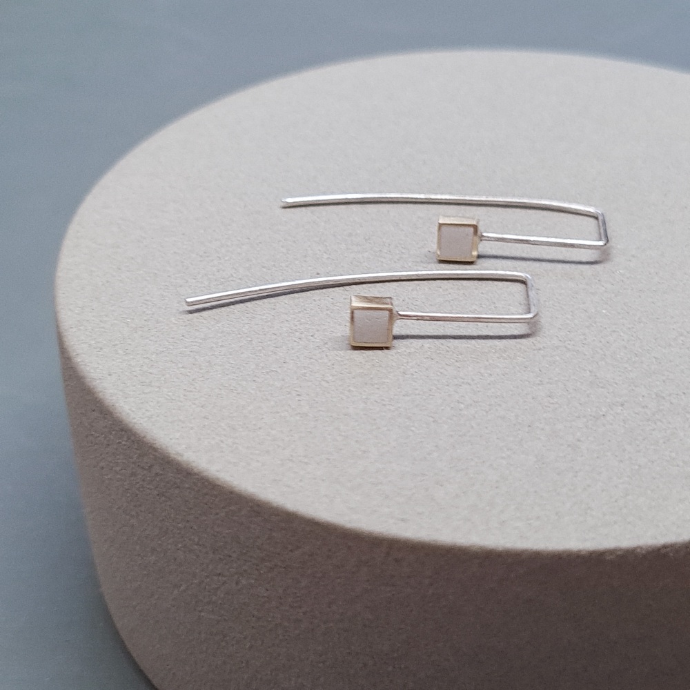 Contemporary Dot Earrings - Silver and Brass White Square