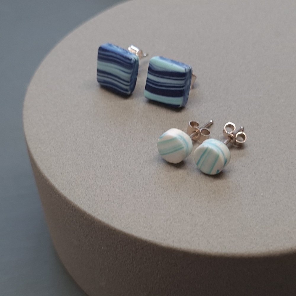 Multi Set of Polymer Clay Studs - two striped blue pairs