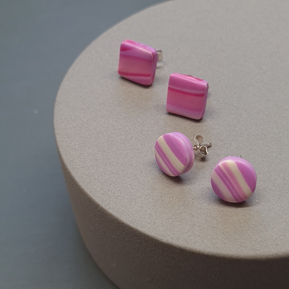 Multi Set of Polymer Clay Studs - two striped pink/lilac pairs