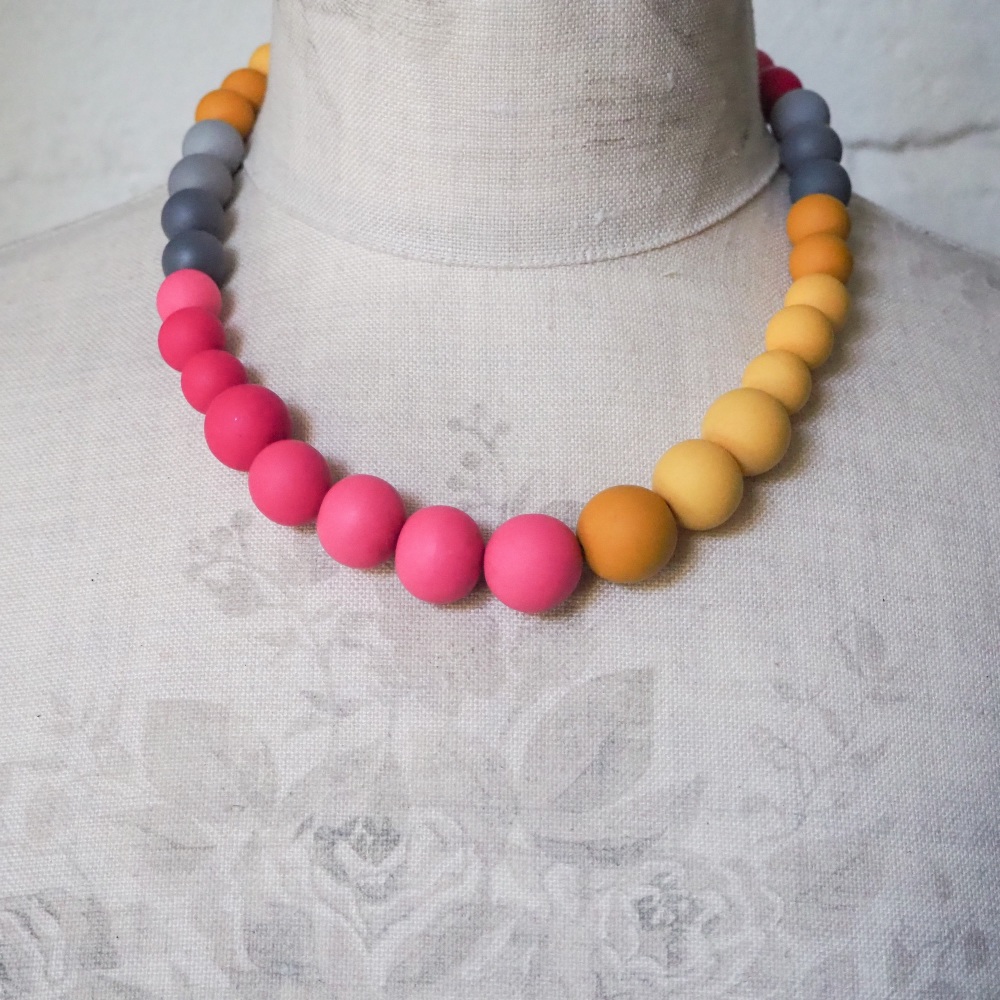 Graduated Bead Necklace in Colour Block Mustard, Grey and Pink