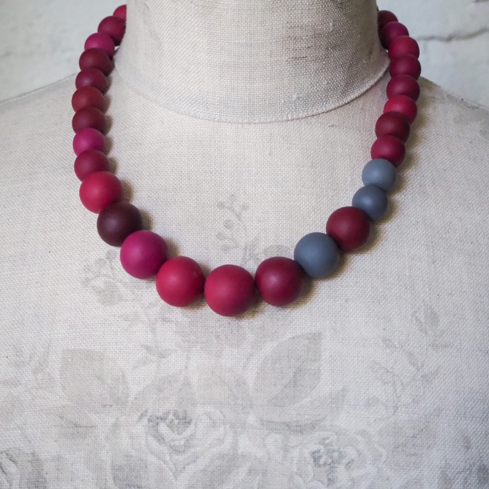 Graduated Bead Necklace in Berry Reds and Grey
