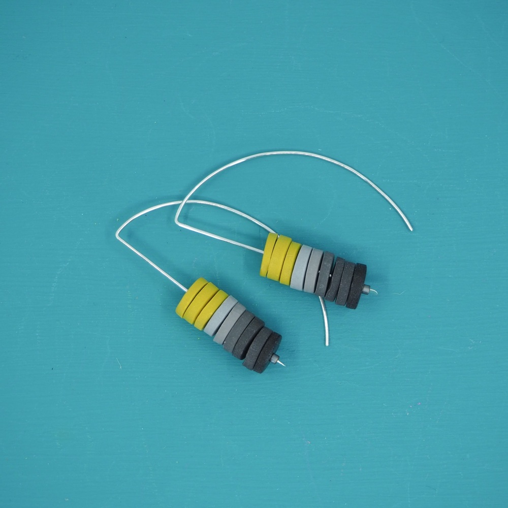 Sterling Silver Stacked Disc Wire Earrings Greys and Mustard