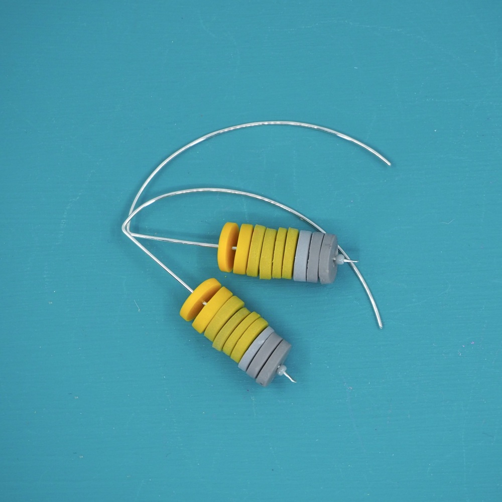 Sterling Silver Stacked Disc Wire Earrings Yellow and Grey