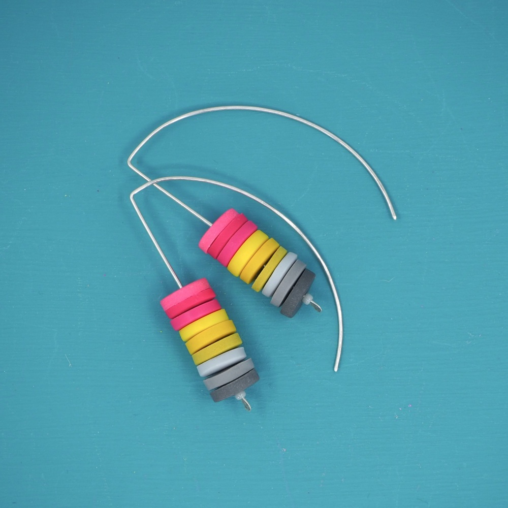 Sterling Silver Stacked Disc Wire Earrings Grey, Mustard and Bright Pink