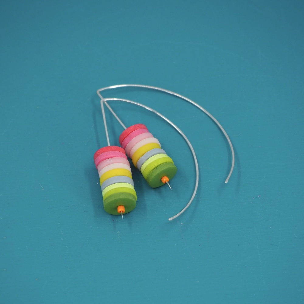 Sterling Silver Stacked Disc Wire Earrings Grey, Spring Green and Bright Pink