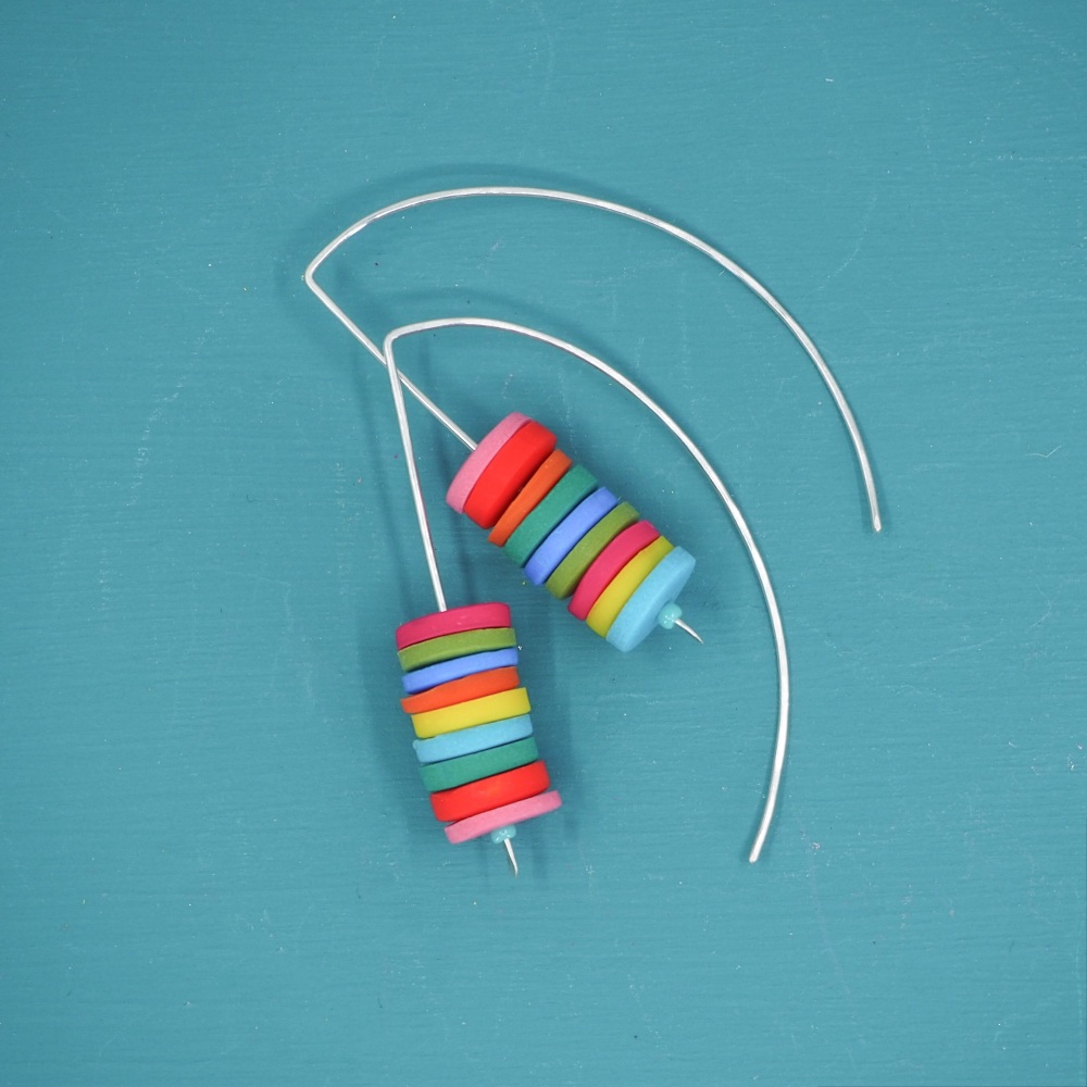 Sterling Silver Stacked Disc Wire Earrings with Bright Multi Colours