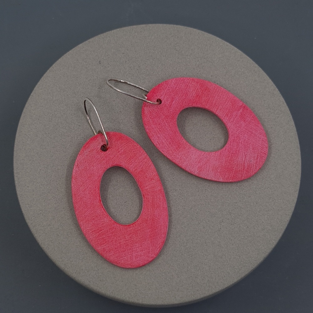 Giant Oval Scratched Earrings in Pinky Red