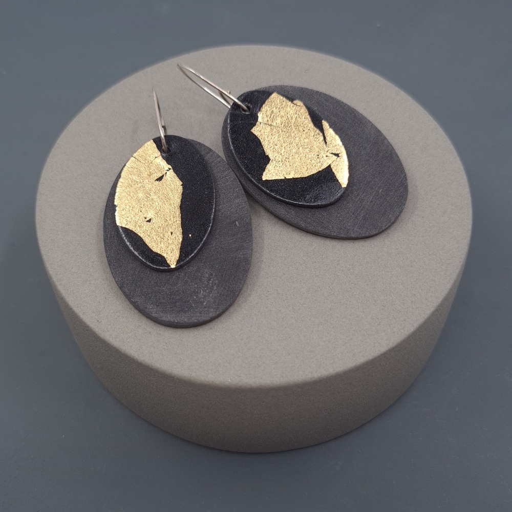 Gold Leaf Oval Earrings in Black