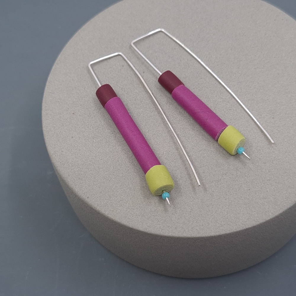 Stacked Tube Earrings - Magenta, Lime and deep red
