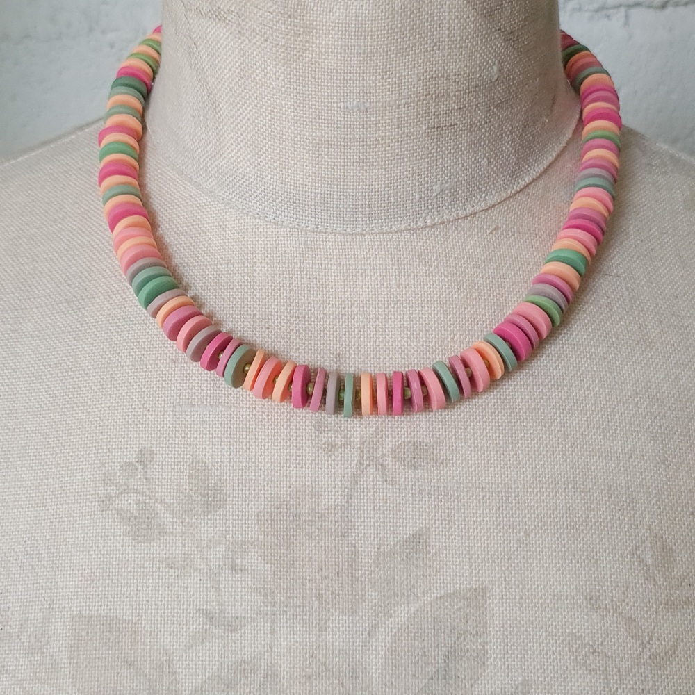 Small Disc Necklace in Peach, Pale Coral and Sage Green