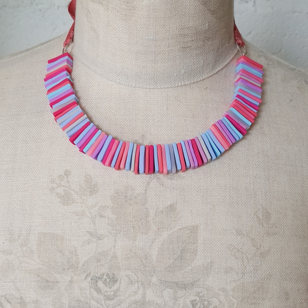 Stick Bead Necklace with Ribbon Ties - Lilac, Pinks and Greys