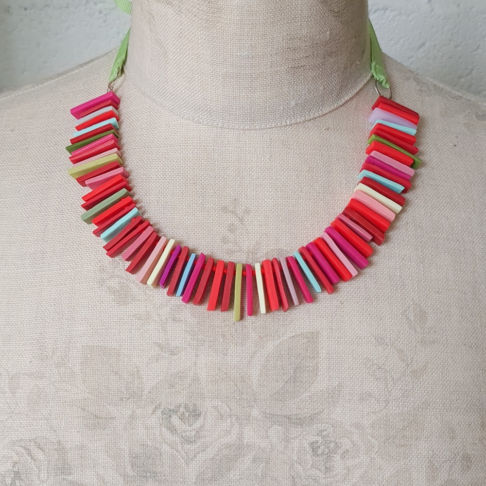 Stick Bead Necklace with Ribbon Ties - Reds, pinks, greens