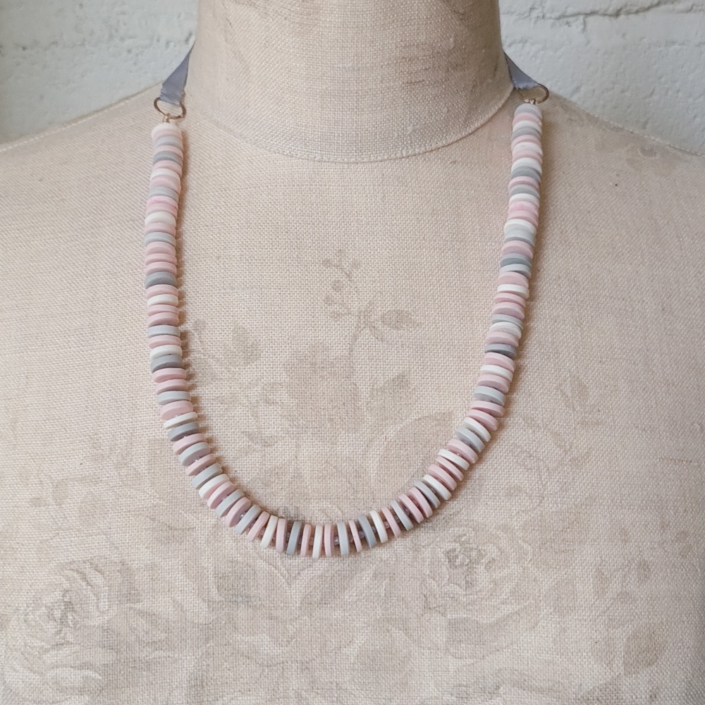 Small Disc ribbon tie necklace in greys and pale pinks