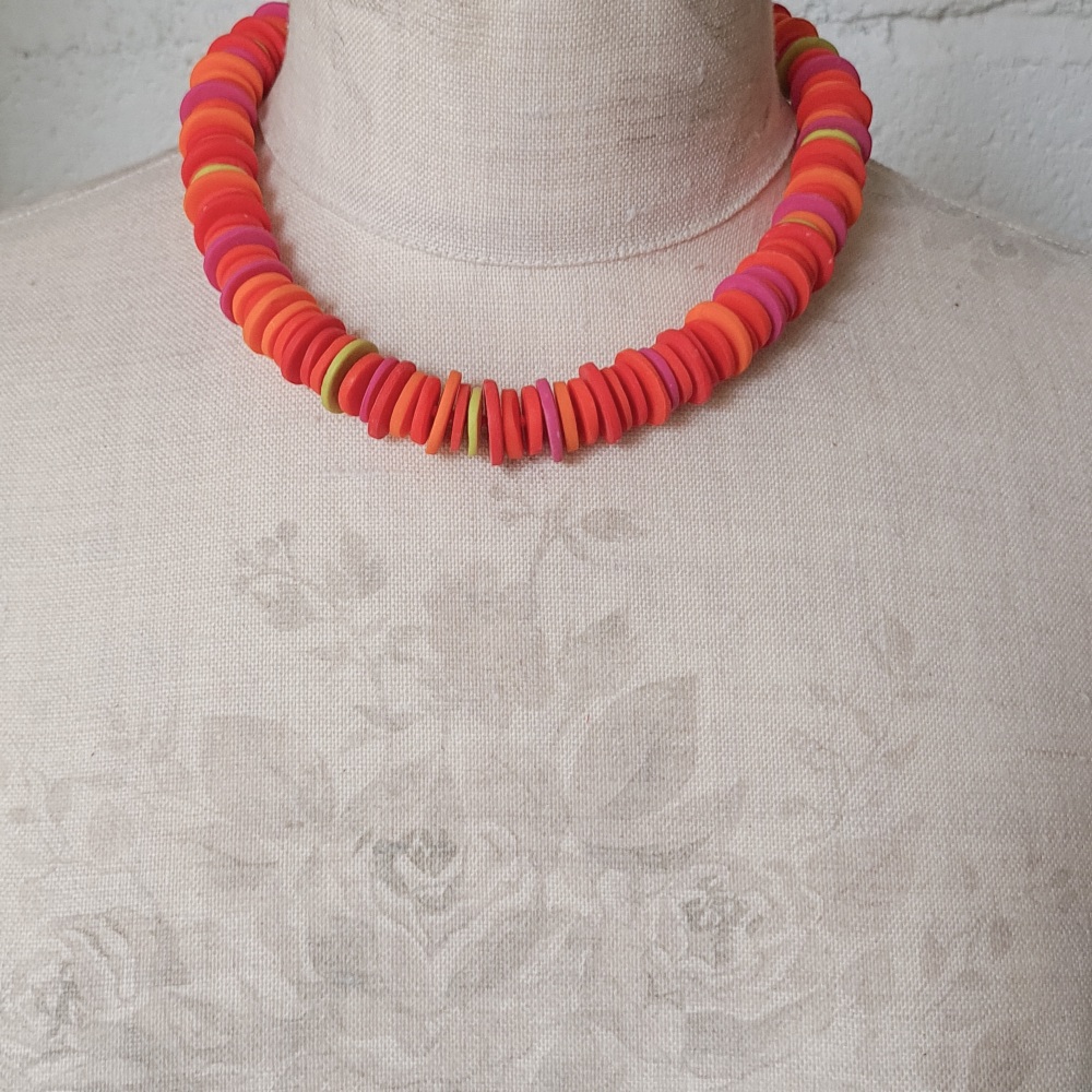 Small and Large Disc Necklace in bright orange, tangerine and lime