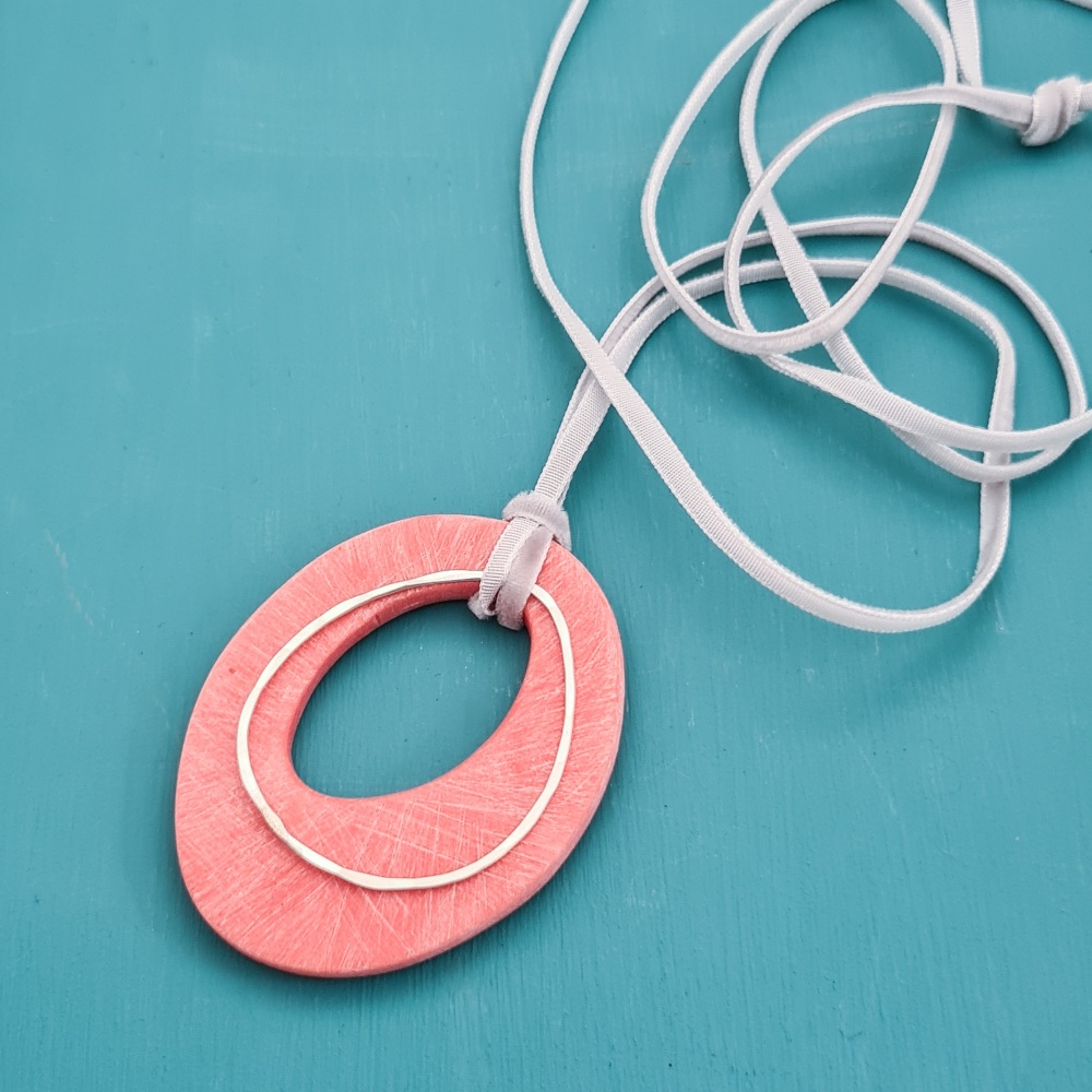 Carved Pendant Necklace with Sterling Silver Ring - Coral