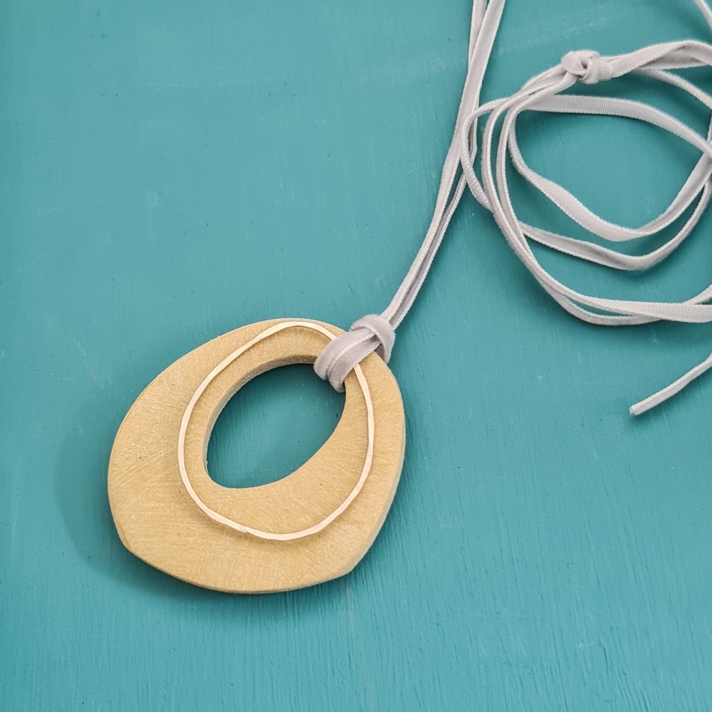 Carved Pendant Necklace with Sterling Silver Ring - Mustard