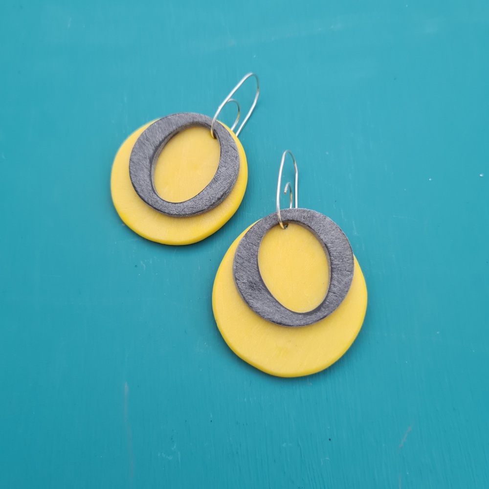 Double Circle Earrings Bright Yellow and Charcoal
