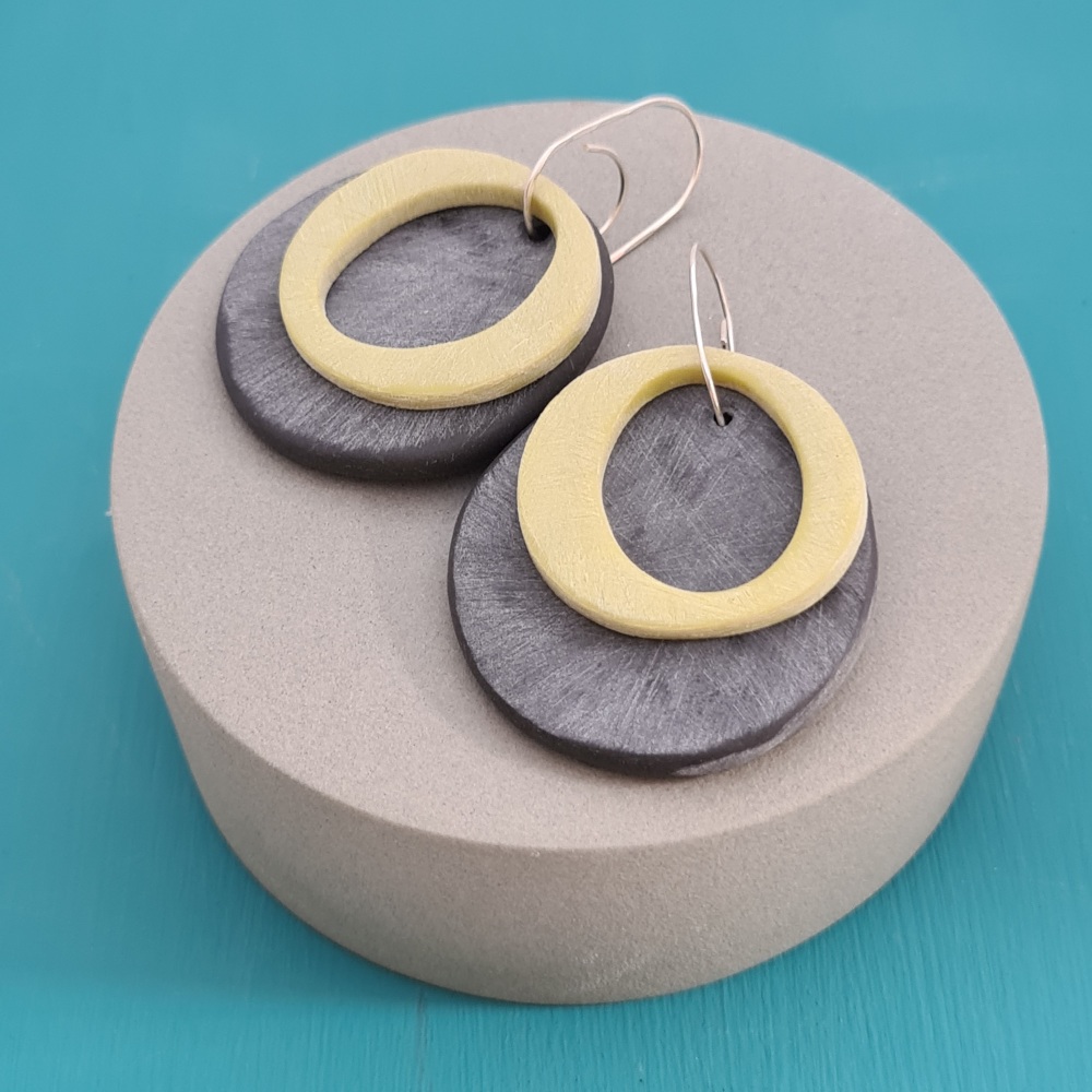 Double Circle Earrings Charcoal and Chartreuse