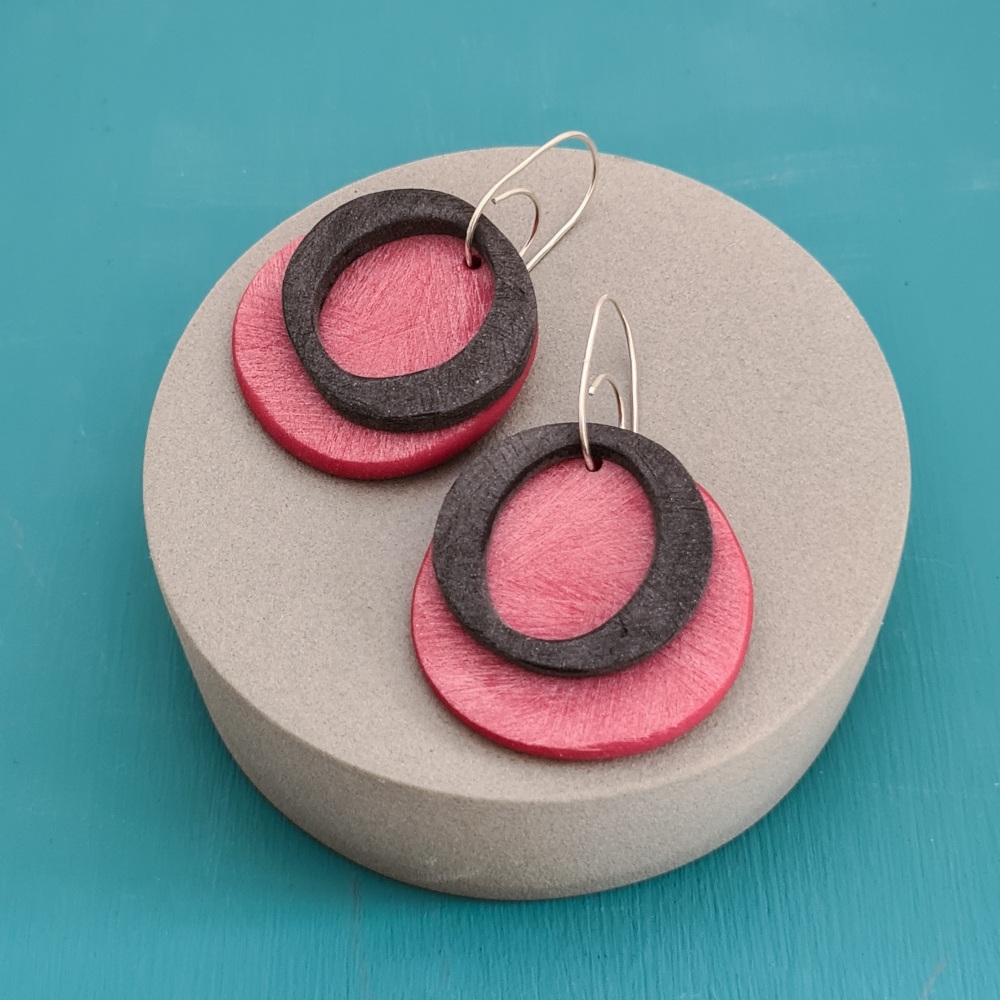 Double Circle Earrings Charcoal and Red