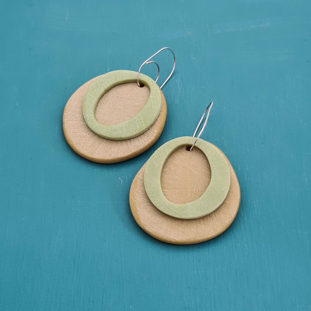 Double Circle Earrings Mustard and Palest Green