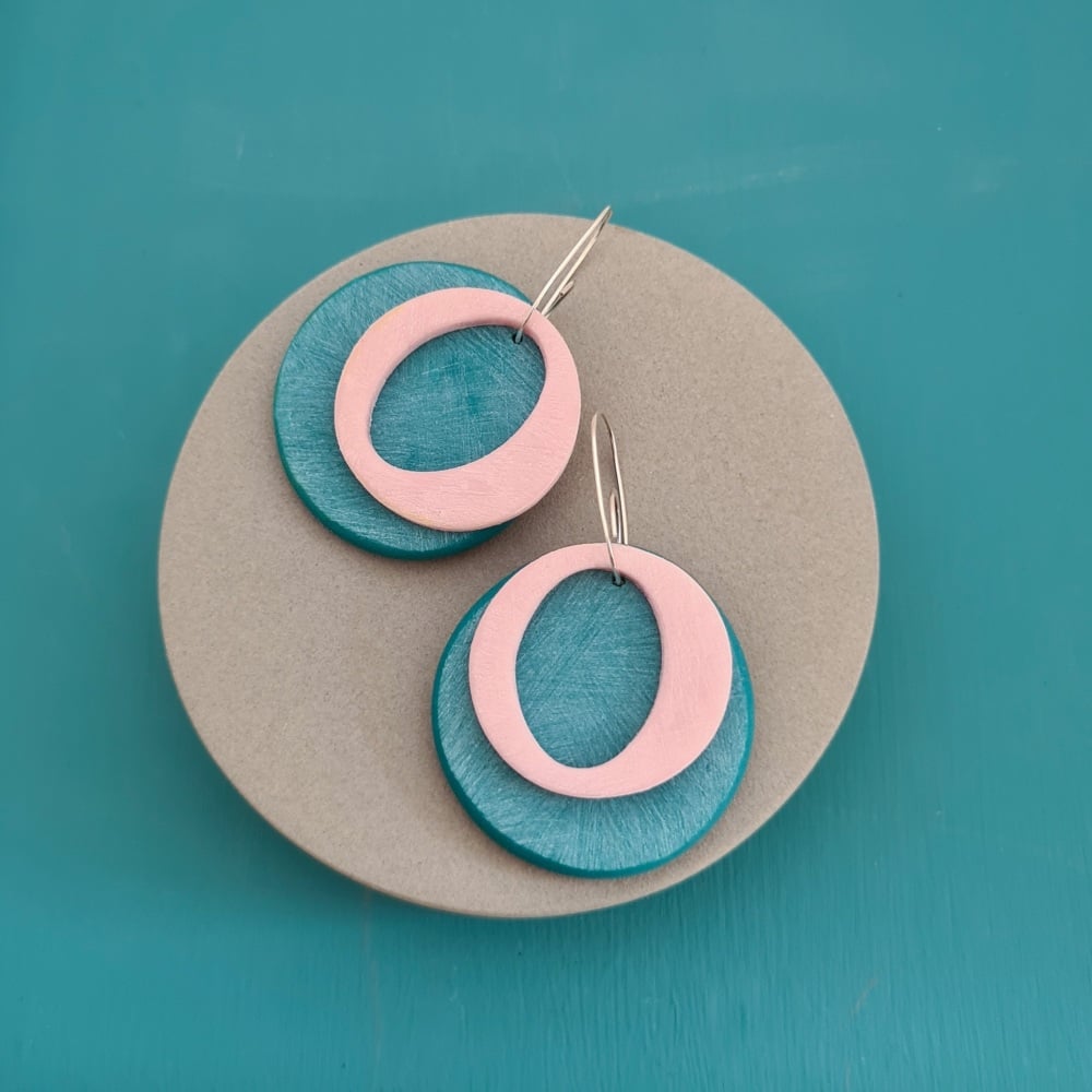 Double Circle Earrings Teal and Pale Pink