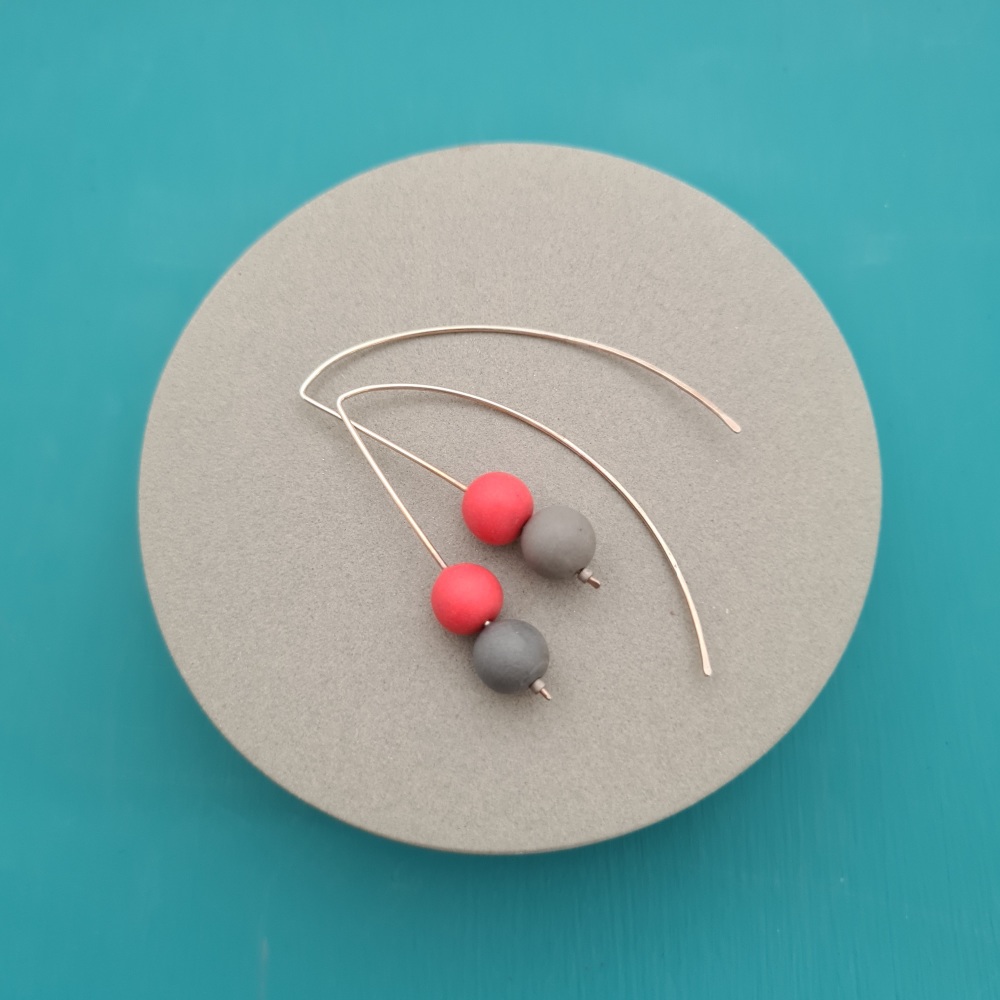 Duo Bead Sterling Silver Wire Earrings in Coral and Grey