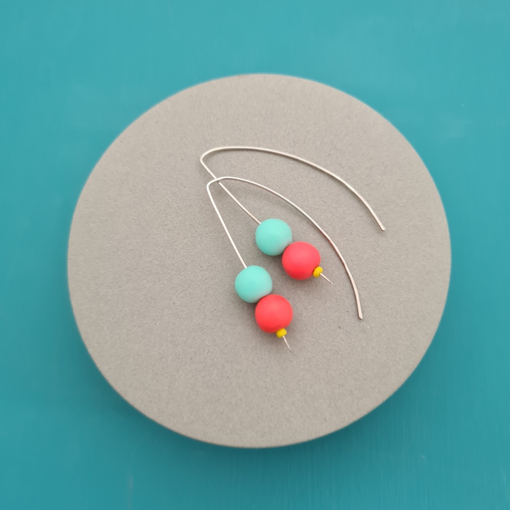 Duo Bead Sterling Silver Wire Earrings in Aqua Blue and Coral