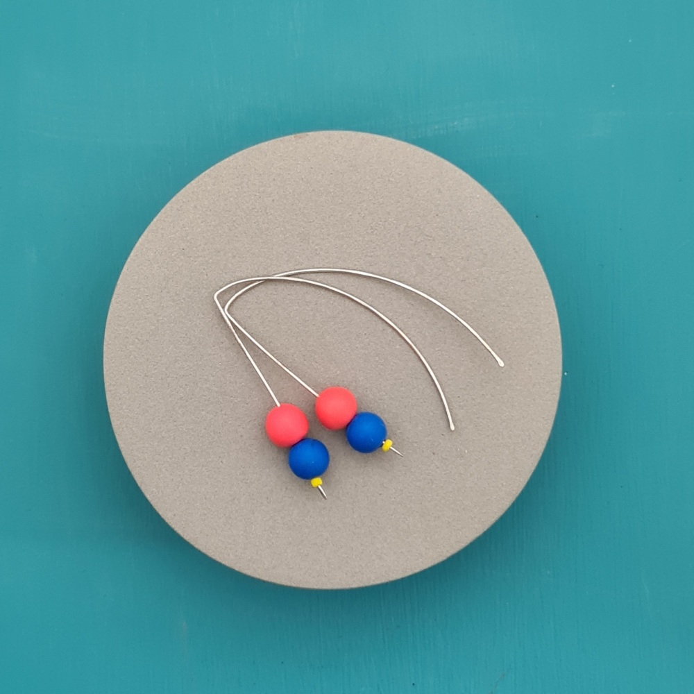 Duo Bead Sterling Silver Wire Earrings in Cobalt and Coral