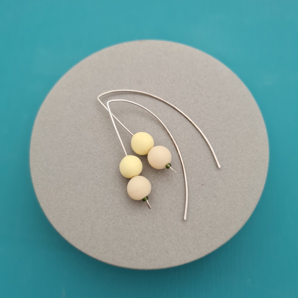 Duo Bead Sterling Silver Wire Earrings in Ivory and Pale Lemon