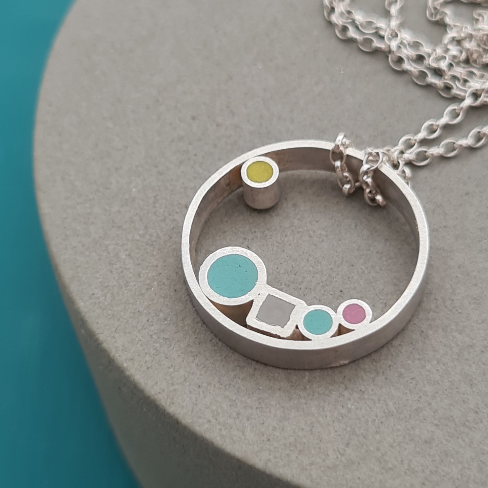 Multi Dot Pendant with Long Chain - Pink, Turquoise, Grey and Yellow