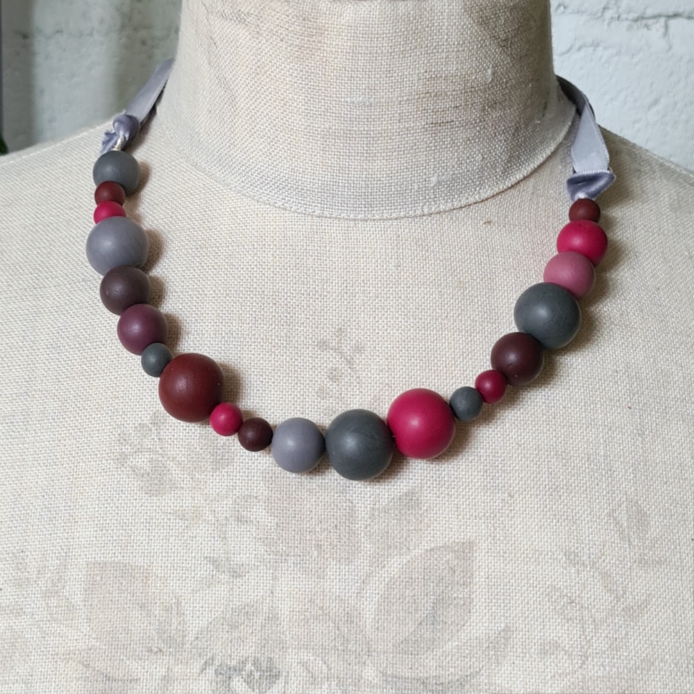 Random Bead Necklace in Grey and Burgundy