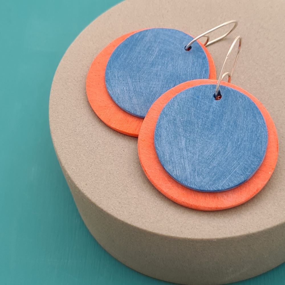 Scratched Giant Circle Earrings in Orange and Teal Blue