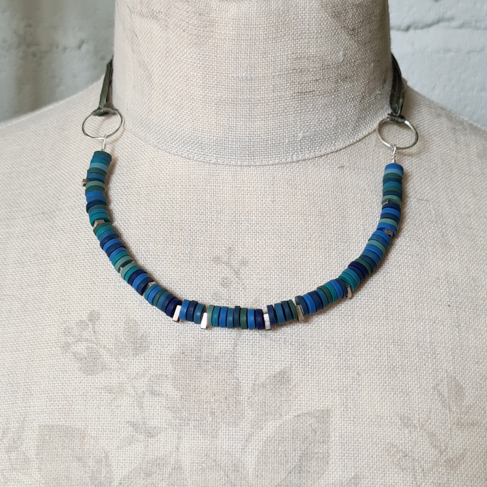 Tiny Disc Necklace with Silk Ribbon Ties - Blues and Greens