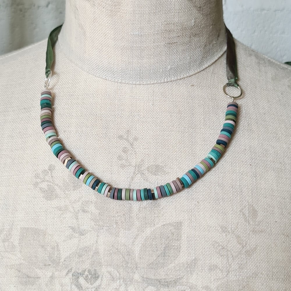 Tiny Disc Necklace with Silk Ribbon Ties - Heathery tones of pink and green