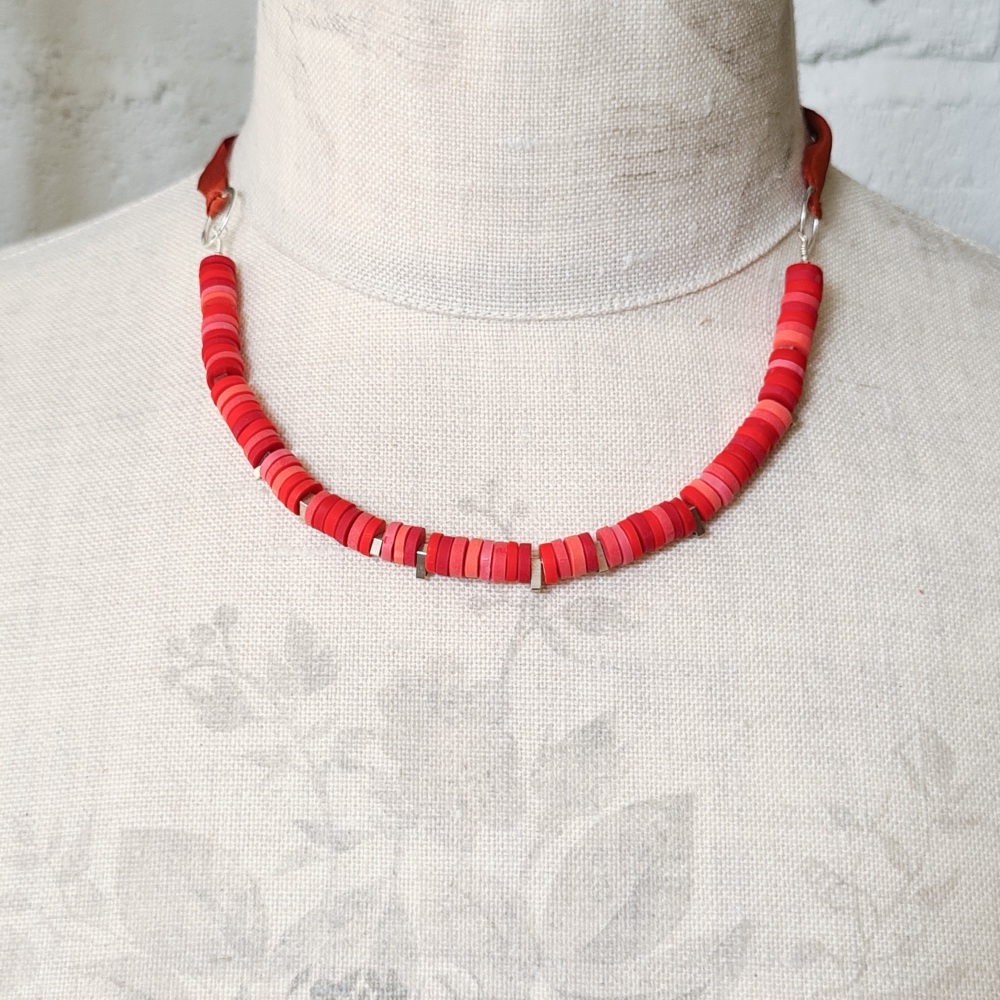 Tiny Disc Necklace with Silk Ribbon Ties - Reds and Coral