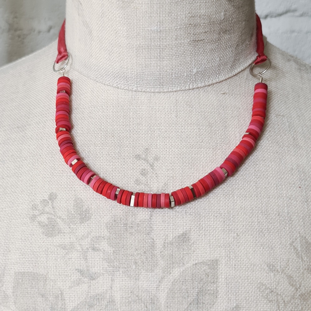 Tiny Disc Necklace with Silk Ribbon Ties - Reds and Pinks