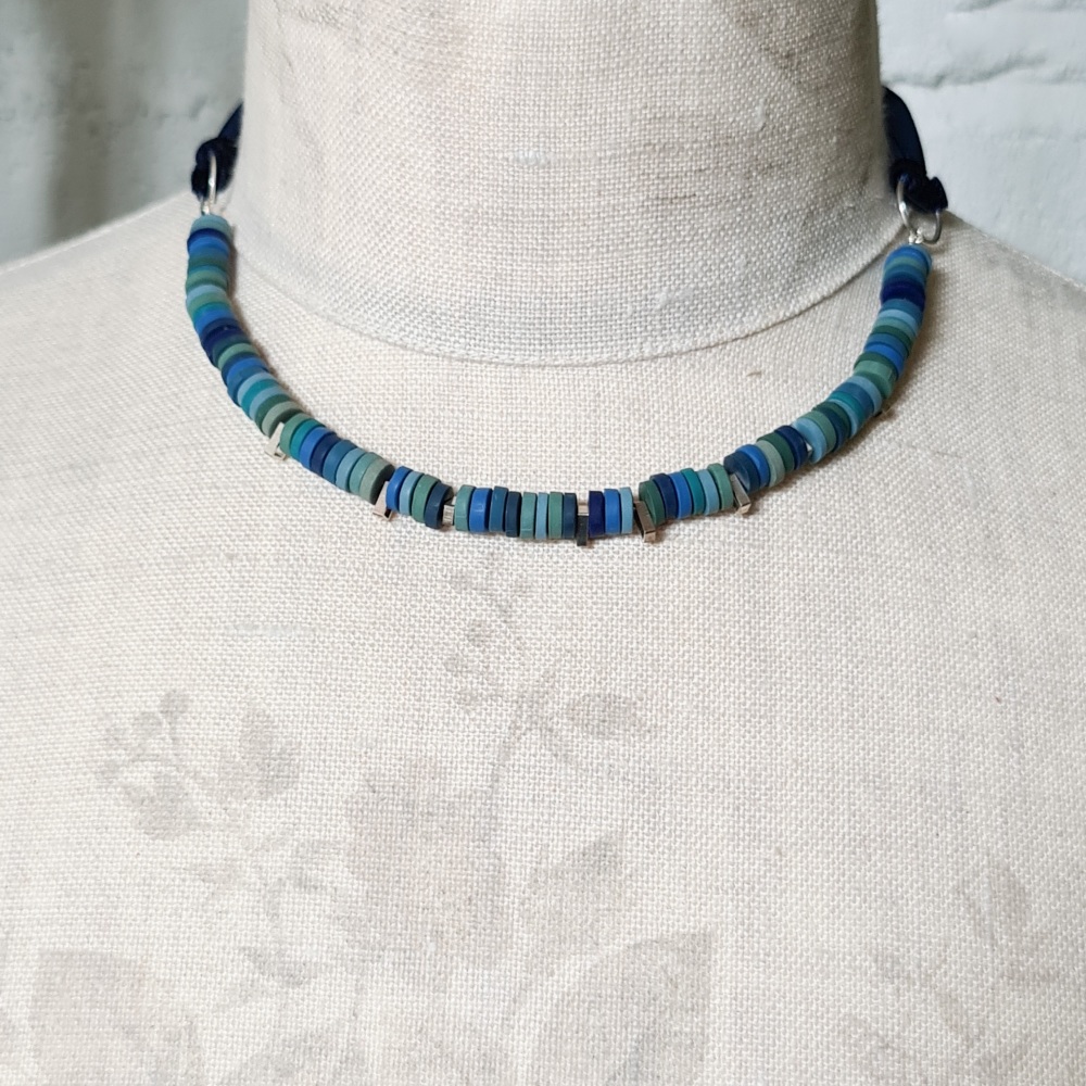 Tiny Disc Necklace with Velvet Ribbon Ties - Blues and Greens