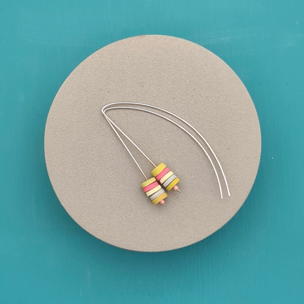 Tiny Disc Sterling Silver Wire Earrings Mustard, Pink Grey and Yellow