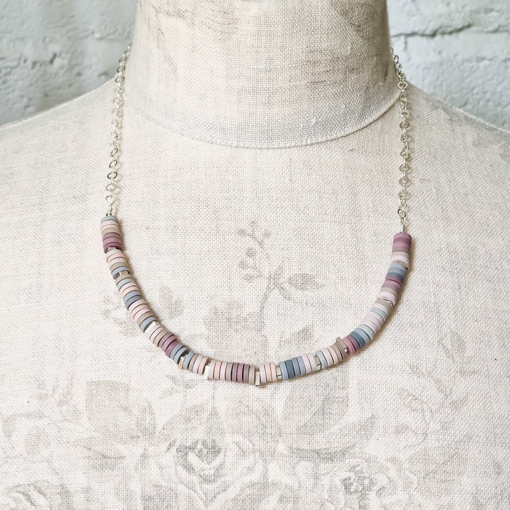 Tiny Disc Necklace in Palest Pinks  and Grey with Sterling Silver Chain