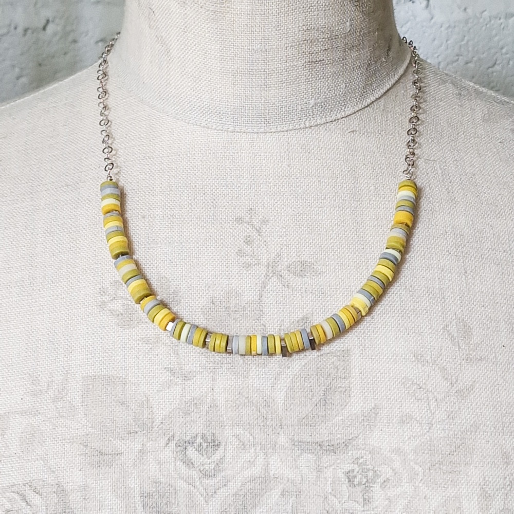 Tiny Disc Necklace in Yellow and Grey with Sterling Silver Chain