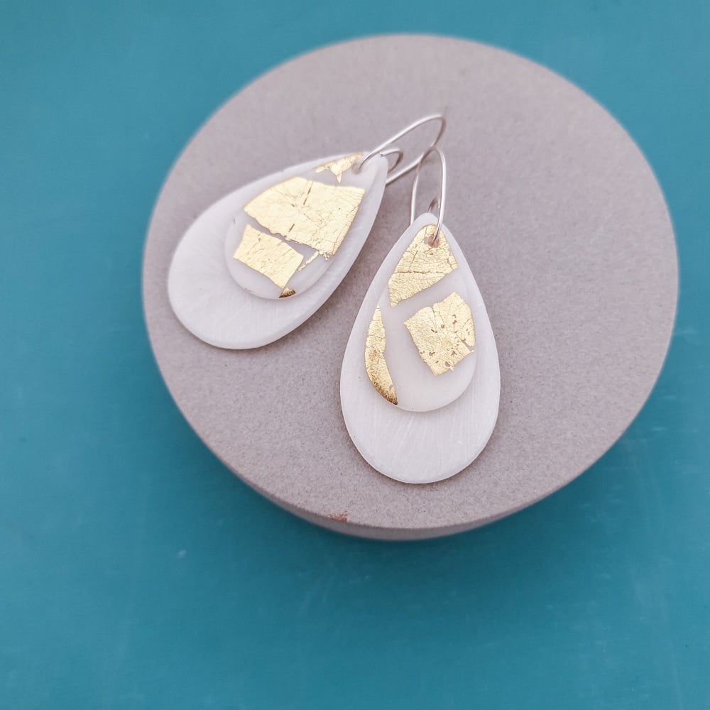 Metallics White Teardrop Earrings with 24ct gold leaf