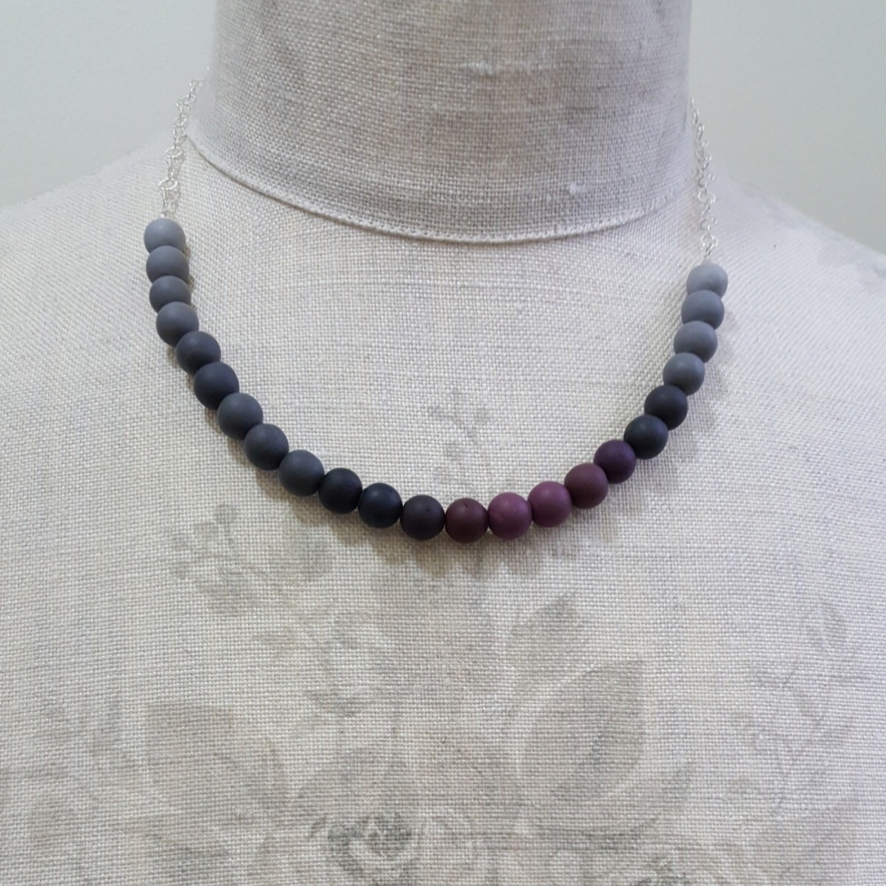 Beaded Sterling Silver Chain Necklace in Shades of Grey and Darkest Red
