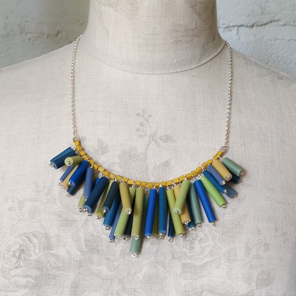 Statement One-of-a-Kind Fringe Necklace in Shades of Blues, Greens and Must