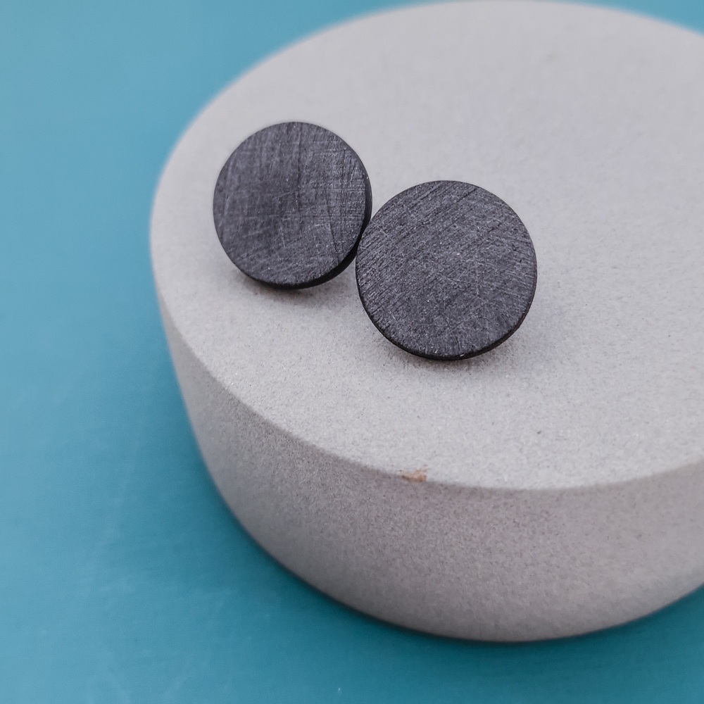 Scratched Polymer Clay Circle Studs - Black