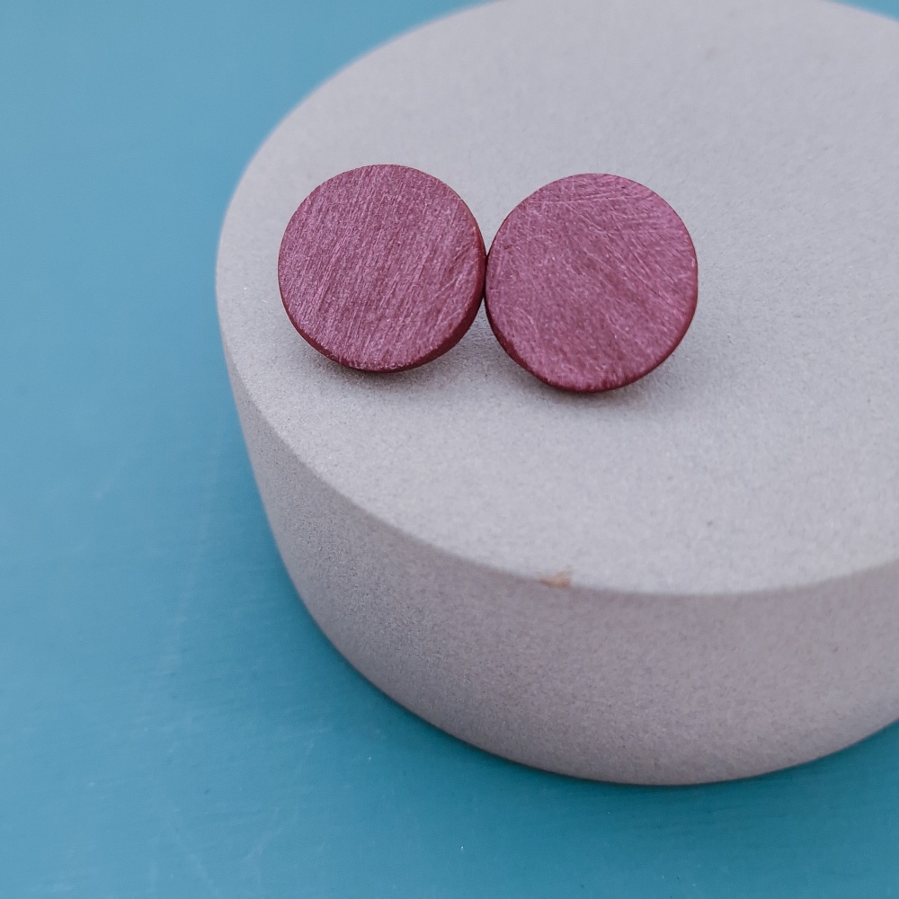 Scratched Polymer Clay Circle Studs - Dark Red