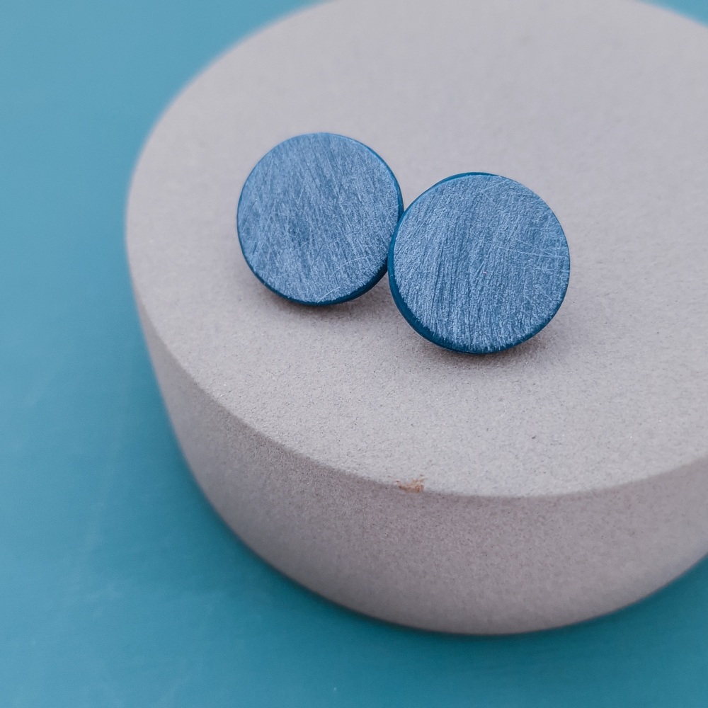 Scratched Polymer Clay Circle Studs - Teal Green