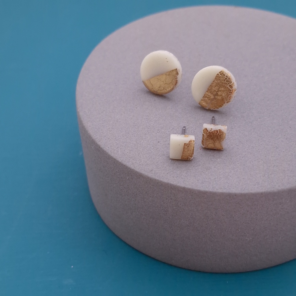 Multi Set of Polymer Clay Metallics Studs - Ivory White and Gold